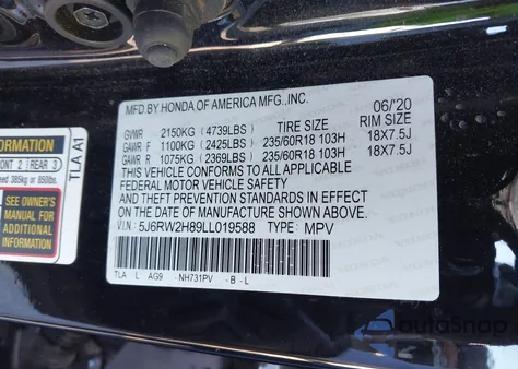 2020 Honda Cr-V Awd Ex-L из США, поврежденный, VIN 5J6RW2H89LL019588